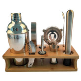 10 in 1 Stainless Steel Shaker Bamboo Stand Set Oblique Mouth Bar Cocktail Bartending Tool, 350ml, 550ml, 750ml